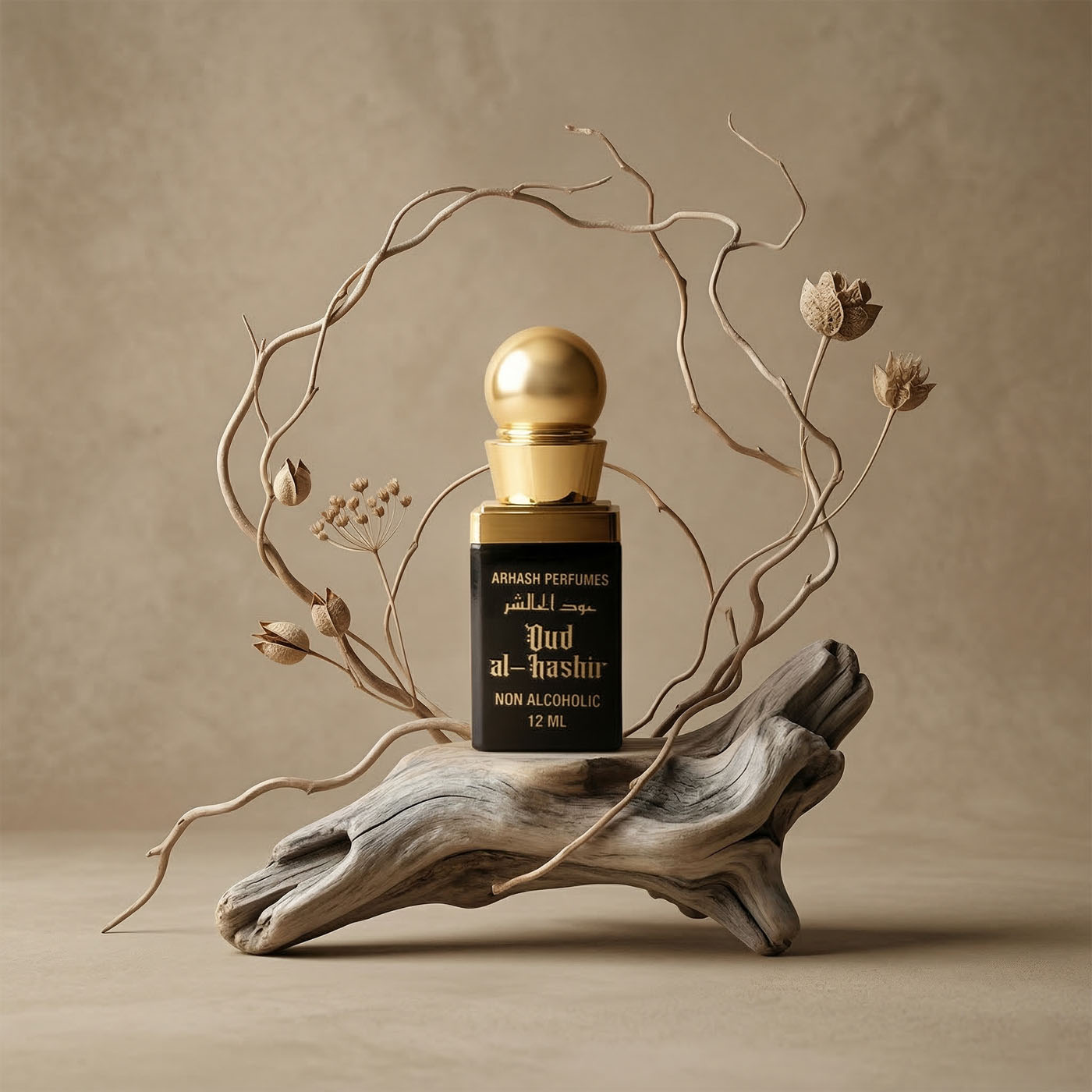 alt="Oud Al-Hashir 12ml Non-Alcoholic Oud Perfume - Rich royal woody fragrance by Arhash"