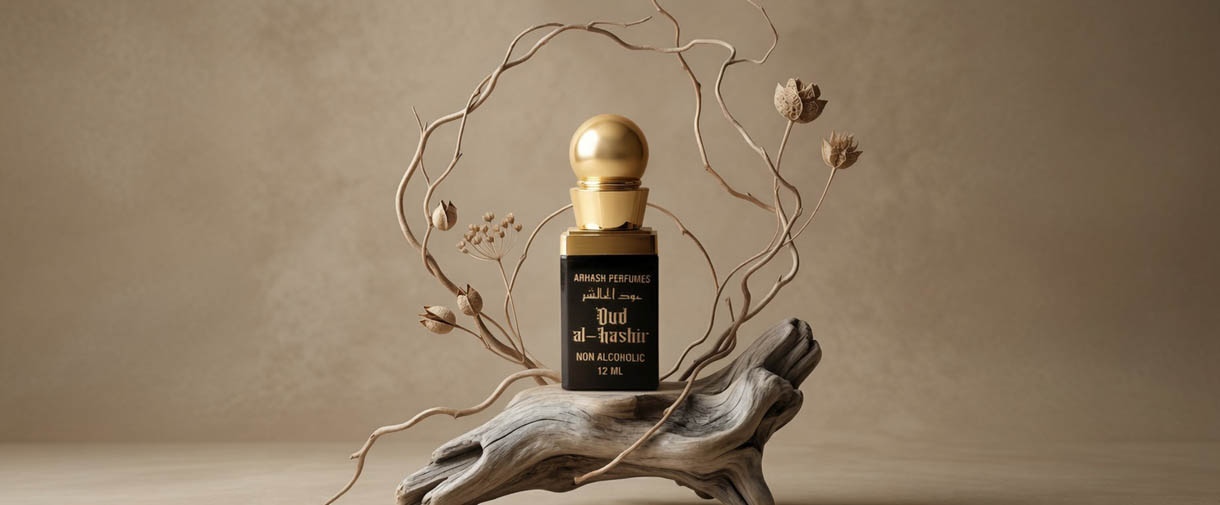 alt="Oud Al-Hashir 12ml Non-Alcoholic Oud Perfume - Rich royal woody fragrance by Arhash"